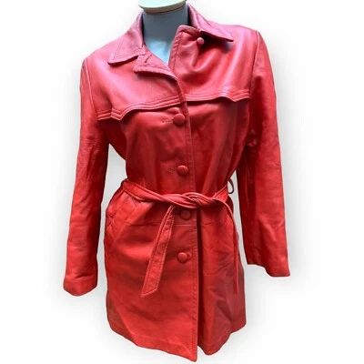 Chaqueta Mod Mujer Años 60 70 Cuero Naranja Óxido Solapa Ancha Funky Cinturón Trench M Foto 1 de 4