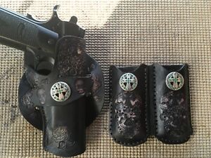 Handmade Leather Holster & double mag pouch 1911 Custom Carving