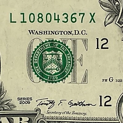 Billete de un dólar 2009 X Note L10804367X impresión FW bloque LX 12,8 millones funcionamiento escaso Foto 1 de 4