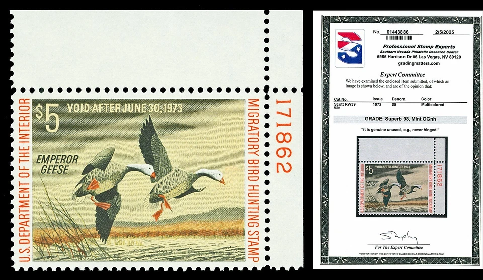 Scott RW39 1972 $5.00 Duck Stamp Mint Graded Superb 98 NH with PSE CERT - Image 1 of 1