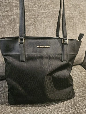 Michael Kors Black Tote Shoulder Purse Bag Signature MK Pattern - Image 1 of 4