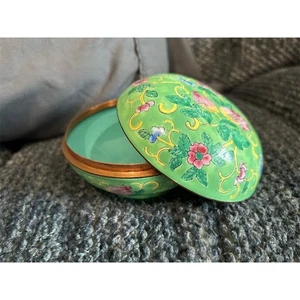 Vintage Chinese Cloisonne Enamel Trinket Box Green Floral Design - Picture 1 of 10