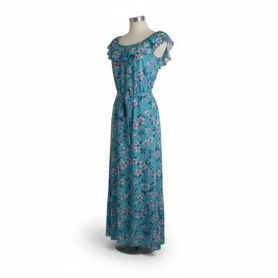 Vintage Hilo Hattie Hawaii Floral Maxi Dress Off Shoulder Ruffle Blue Purple M - Image 1 of 4