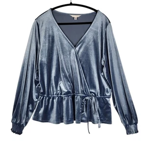 Lauren Conrad Velvet Velour Top Women's Large Gray Blue V Neck Elastic Waist - Picture 1 of 6