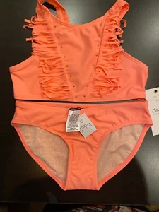 Cleobella 2-pc Neon Coral Fringe Swimsuit w/Gold Studs, Medium (NWT) - Picture 1 of 5