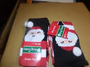 Knee High Socks Christmas Stuff on Multicolor by Merry Brite Santa 2 Pair 4-10 - Picture 1 of 4
