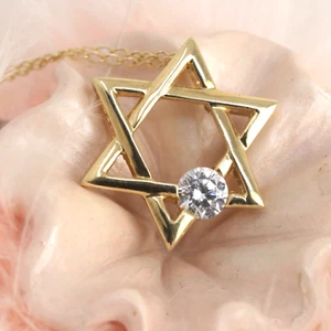 14k Gold Star of David Pendant w/CZ Stone on 14k 18" Dainty Curb Chain Necklace - Picture 1 of 16