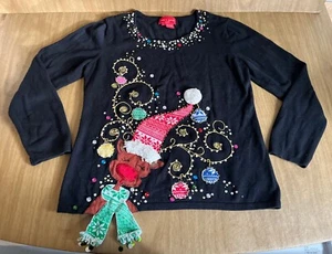 Vtg Jack B. Quick Sequin Embroidered Reindeer Ugly Christmas Sweater Womens L - Picture 1 of 9