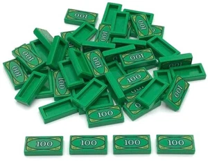 Lego 50 New Green Tiles 1 x 2 with Currency Money 100 Bills Note Parts - Picture 1 of 1
