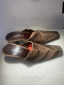 Sesto Meucci Patris Brown Leather Snakeskin Print Sz 5 Heel Slides Mule Italy - Picture 1 of 11