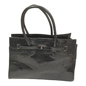 W Lane Women Handbag Tote Zip Close Black PU Faux Patent Leather Crocodile Print - Picture 1 of 14