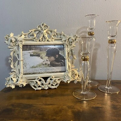 Home Décor Lot Cream Ornate Picture Frame + 3 Glass & Gold Candlesticks VTG Roma - Image 1 of 4