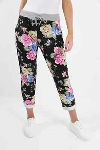 Womens Italian Floral Star Plain Joggers Magic Jogging Trousers Bottoms Pants - Picture 1 of 44
