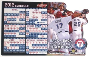 2012 TEXAS RANGERS MAGNETIC SCHEDULE BACK TO BACK AMERICAN LEAGUE CHAMPS – USED - Imagen 1 de 1