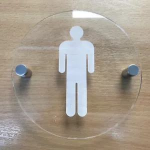 Round Etched/Engraved Male Toilet Sign - Clear Gloss Safety Acrylic - Imagen 1 de 2