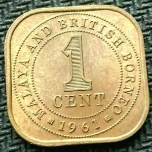 1961 Malaya British Borneo 1 Cent Coin BU UNC    Bronze Rare High Grade    #C694