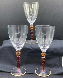Pier 1 ORBIT SPICE Set of 3 Ruby Stem Wine glasses Gold Accents Cocktail Barware - Picture 1 of 2
