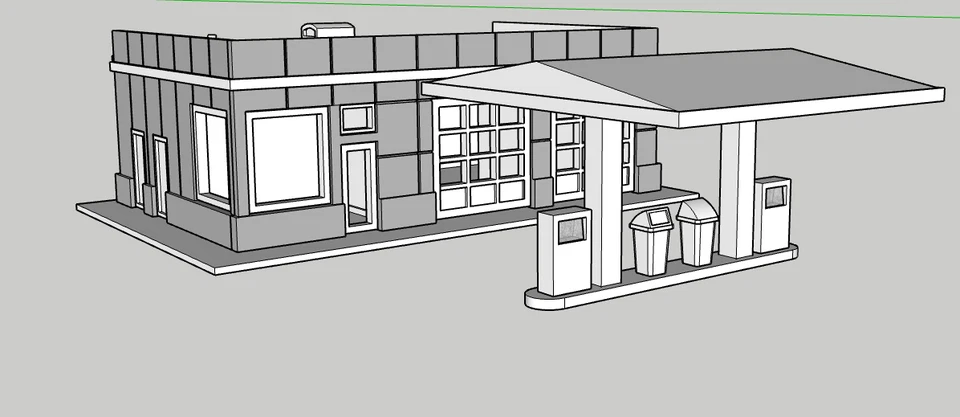 Modelo de kit de construção de posto de gasolina/serviço estilo década de 1970 impresso em 3D escala HO 1:87 - Imagem 1 de 4