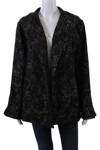 Eileen Fisher Womens Round Neck Open Front Jacket Black Silver Wool Size 2X - Picture 1 of 7