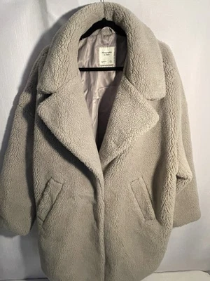 Abrigo de peluche ABERCROMBIE & FITCH para mujer XL largo polar Sherpa botón chaqueta gris Foto 1 de 4