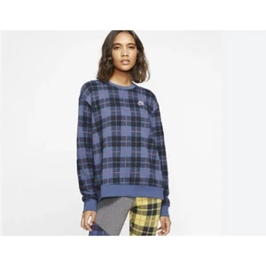 Nike Sportswear Blue Plaid Cotton Crewneck Sweatshirt Size Small - Picture 1 of 7