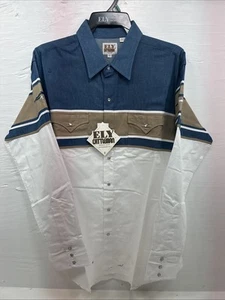 New Men’s ELY Cattleman White Blue Tan Western Long Sleeve Pearl Snap XL R-55 - Picture 1 of 14