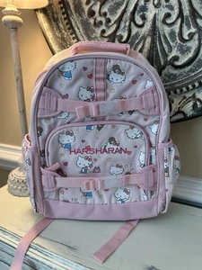 Pottery Barn Kids Mackenzie Hello Kitty Hearts LARGE Backpack Mono “Harsharan” - Picture 1 of 12