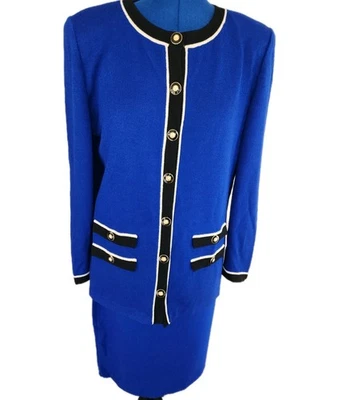 Chaqueta Falda Gris Colección St John por Marie Talla 16 Azul Real Traje Borde B & W Foto 1 de 4