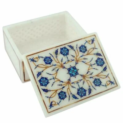 Marble Jewelry Box Semi Precious Stone Lapis Pietra Dura Handmade Decor Gift - Image 1 of 2