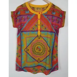 Global Desi Women's Sz. M Bright Ethnic Sheer Short Sleeve 1/4 Button Up Tunic - Picture 1 of 8