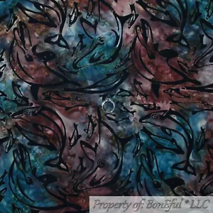 BonEful Fabric FQ Cotton Quilt Brown Blue Gray DOLPHIN Fish Ocean Water Batik US - Picture 1 of 13