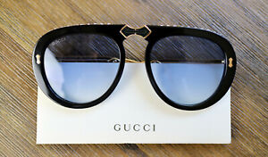 Gucci GG0307S 56mm Foldable Aviator Sunglasses in Black w.Crystals and Blue Lens