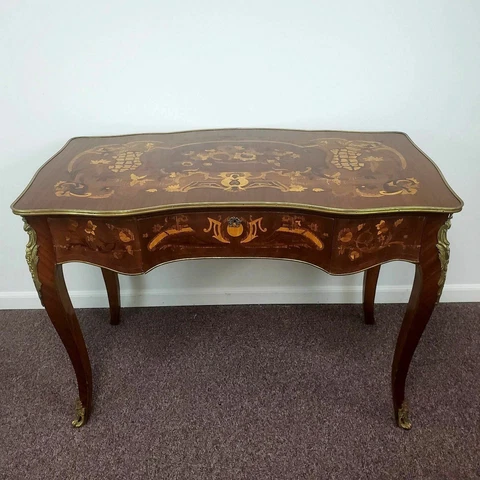 Antique French Louis XVI Style Desk Floral Marquetry Inlay with Brass Accents Cover