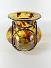 Vtg Handblown Caged Brutalist Art Glass Candle Holder Vase Wrought Iron Mexico
