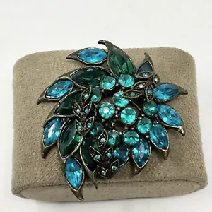 Antique Brooch Women’s Costume Jewelry Teal Blue Rhinestones HD Merritt Co VTG - Picture 1 of 4