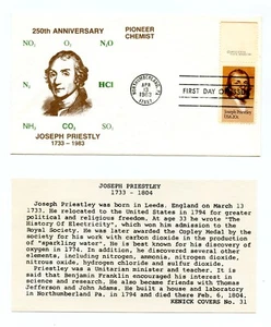 Joseph Priestly (Chemist) First Day Cover (April 13, 1983) + BIO Card NUMBERED - Imagen 1 de 2