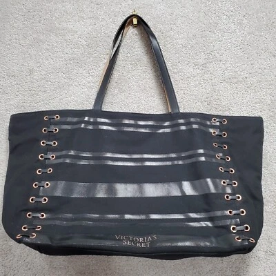 Pink Victoria's Secret Tote Bag Women Black Logo Striped Lined Lace-Up Detailing - Image 1 of 4