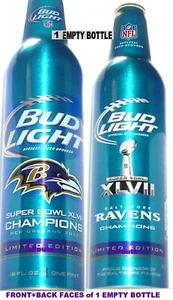 EMPTY ALUMINUM BOTTLE 2013 NFL SUPERBOWL BALTIMORE RAVEN FOOTBALL BUD LIGHT BEER - Picture 1 of 8