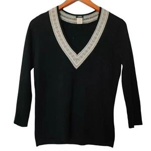 J. Rundhalsausschnitt 100 % Lammwolle schwarz Rair Isle Trim V-Ausschnitt Pullover M Medium - Bild 1 von 7