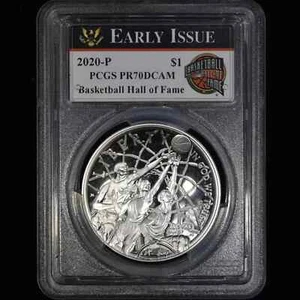 moneta ridotta 2020-P $1 BASKETBALL HOF ARGENTO COMMEM PCGS PR-70 PROOF EMISSIONE ANTICIPATA - Foto 1 di 2