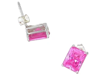 Pink Ice Lab Created 9mm x 7mm CZ Emerald-Cut Sterling Earrings EBS1337/101524 - Picture 1 of 1