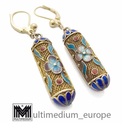 China Silber Ohrringe Cloisonne Emaille vergoldet silver gilt earrings enamel - Bild 1 von 4