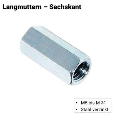 Langmutter M5 M6 M8 M10 M12 M16 Stahl Verzinkt - Sechskant Verbindungsmuffen - Bild 1 von 4