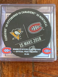 MONTREAL CANADIENS VS PITTSBURGH PENGUINS USED WARM UP PRACTICE PUCK COA - Picture 1 of 2