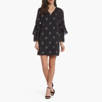 KOBI HALPERIN Ayana 荷叶袖黑色花卉连衣裙开普换装连衣裙中号 — 第 1/4 张图片