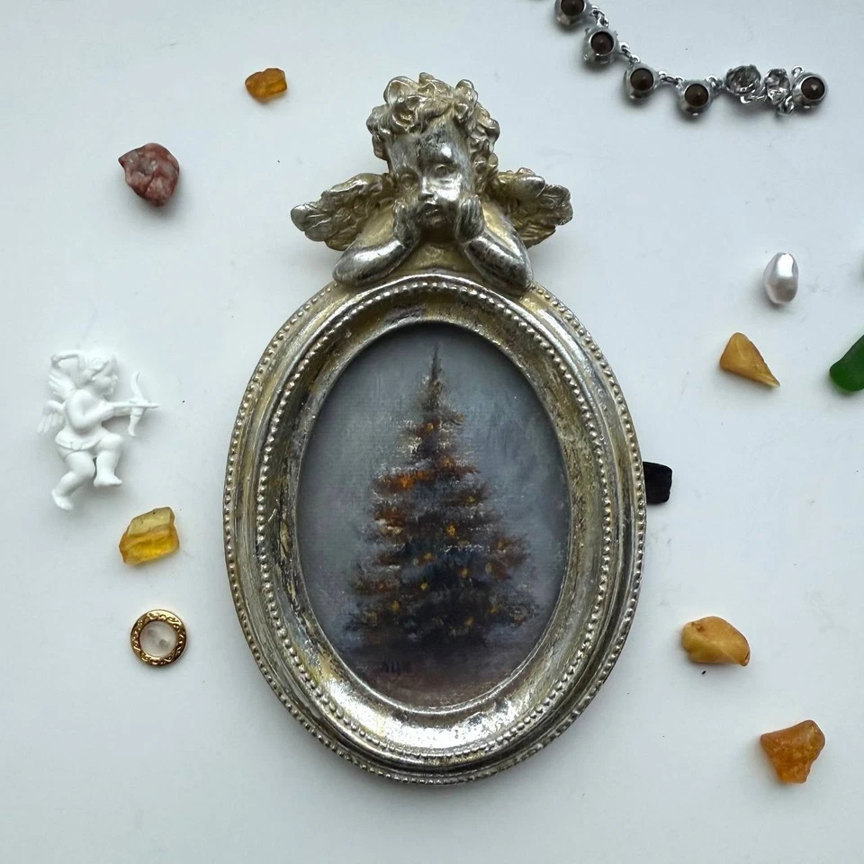 Pintura a óleo de inverno árvore de Natal original assinada arte vitoriana antiga emoldurada - Imagem 1 de 4