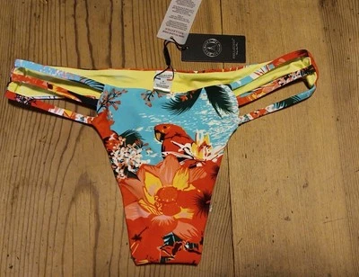 RELLECIGA Women S Triple Strappy Thong Bikini Bottom Parrot Tropical Vacation  - Image 1 of 4