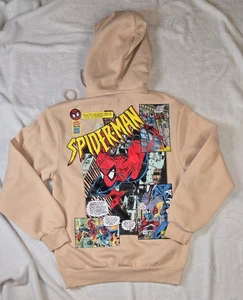 Felpa Spiderman S look vintage anni 90 metà anni 90 pagine fumetti Tan Hoodie - Foto 1 di 4