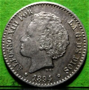 XF, ALFONSO XIII, 50 Cents, 1894 Stars 9-4, Silver, SPAIN - Picture 1 of 2