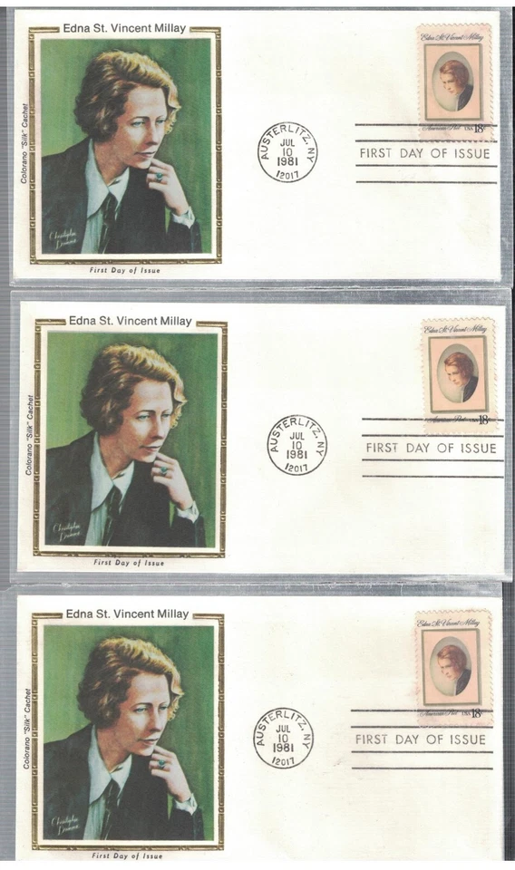 3 VINTAGE 1981 FDC EDNA ST. VINCENT MILLAY COLORANO SILK CACHET - Image 1 of 1